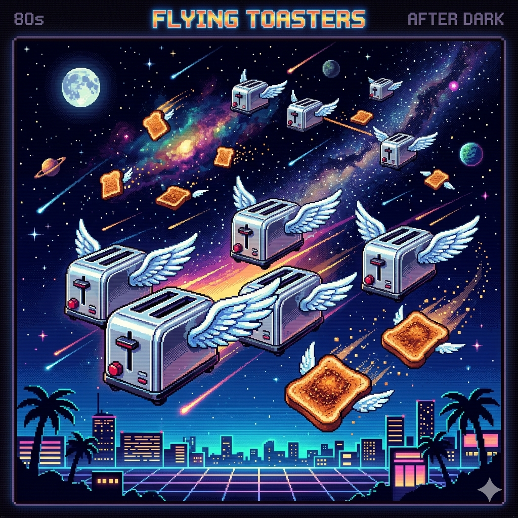 Flying Toasters across four monitors, in 64 kilobytes